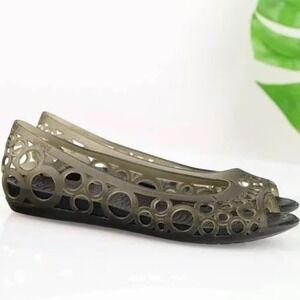 Crocs Adrina Peep Toe Flat Army Green Olive Jelly Cutout Sandals  9